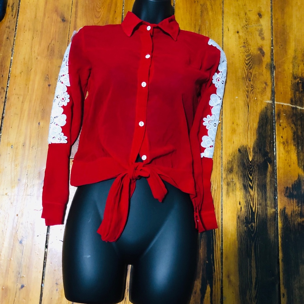 Thai Designer Made Red Blouse, laces on sleeves